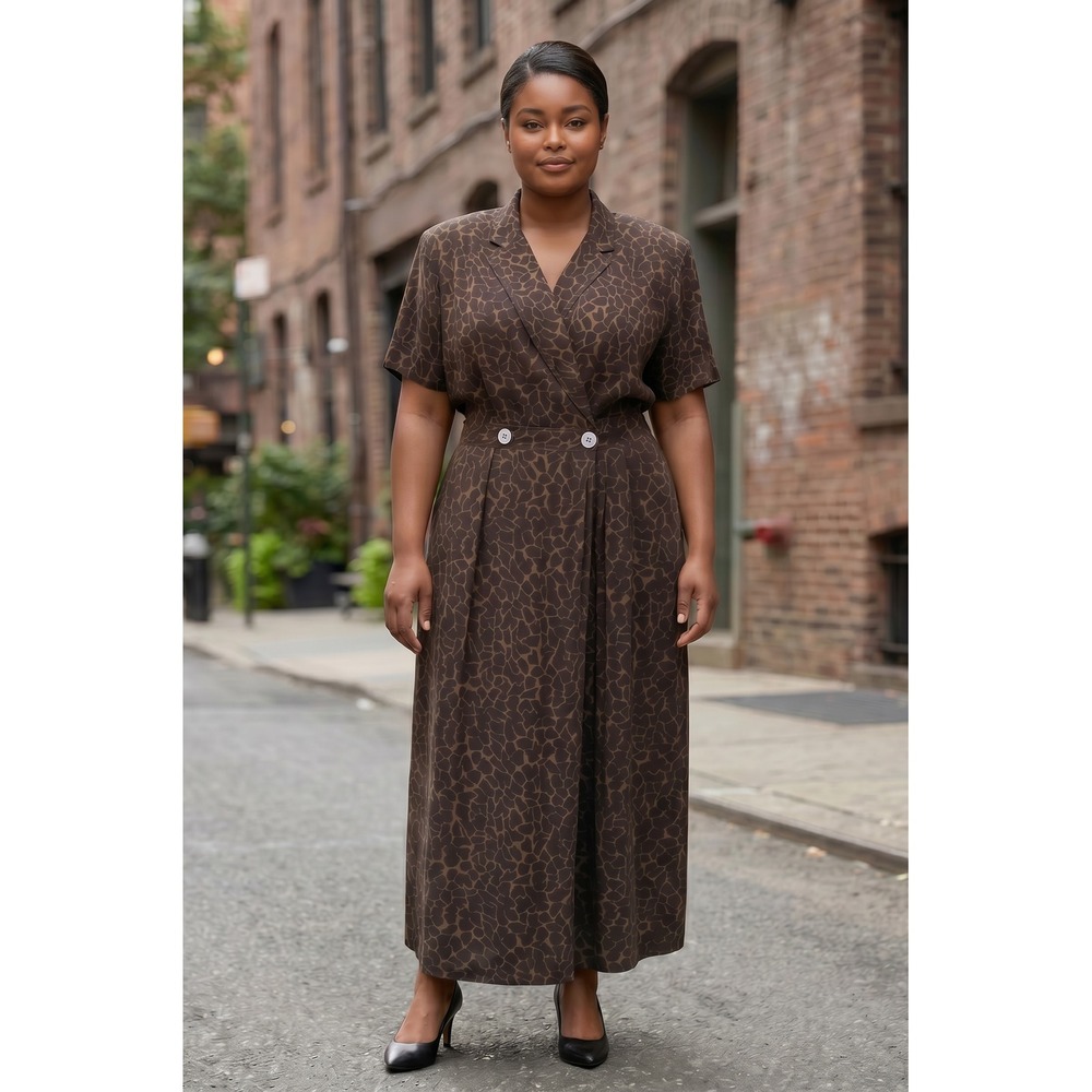 Vintage Sag Harbor Brown Animal Print Maxi Dress Short Sleeve Deadstock Size 16